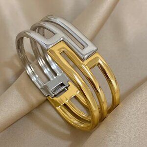 Elegant Chunky Punk Golden Stainless Steel Bangle Geometric Wide Cuff